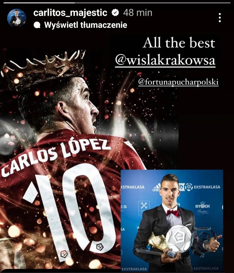 Dzisiaj Carlitos trzyma kciuki za Wisłę Kraków