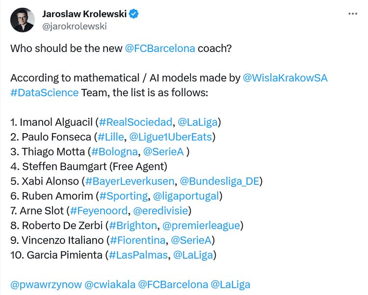 Jarosław Królewski wyliczył z pomocą AI, kto powinien zostać nowym trenerem Barcelony