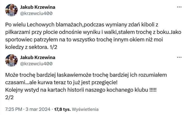 Polski lekkoatleta nie wytrzymał po blamażu Lecha z Rakowem