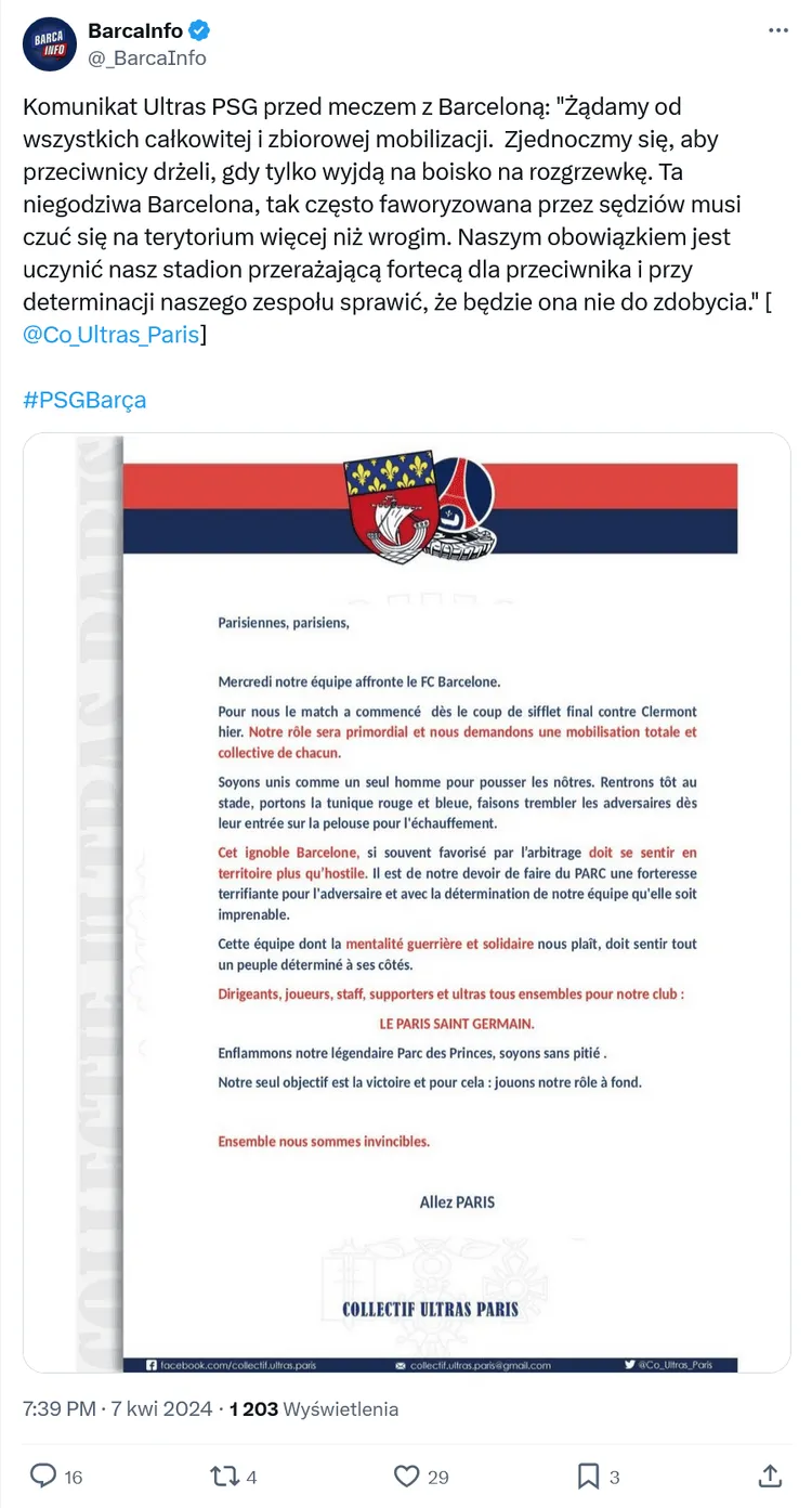 Kibice PSG szykują dla Barcelony prawdziwe "piekło" w Paryżu