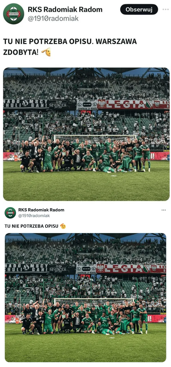 Radomiak "zdobył Warszawę" i chwilę później usunął ten wpis