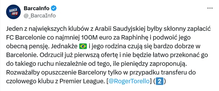 Raphinha odrzucił możliwość transferu do Arabii Saudyjskiej i czeka na Premier League
