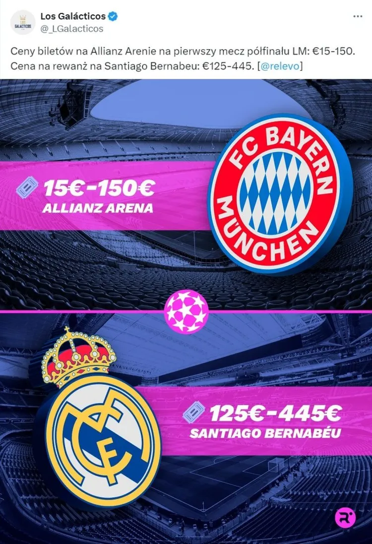 Ceny biletów na dwumecz Bayernu z Realem