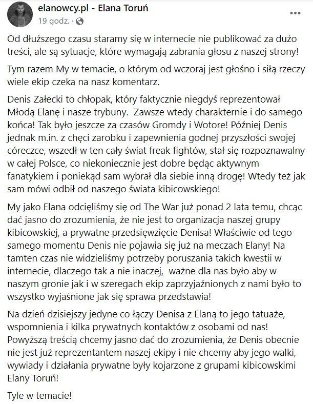 Kibice Elany Toruń odcinają się od kontrowersyjnego freak fightera Denisa Załęckiego