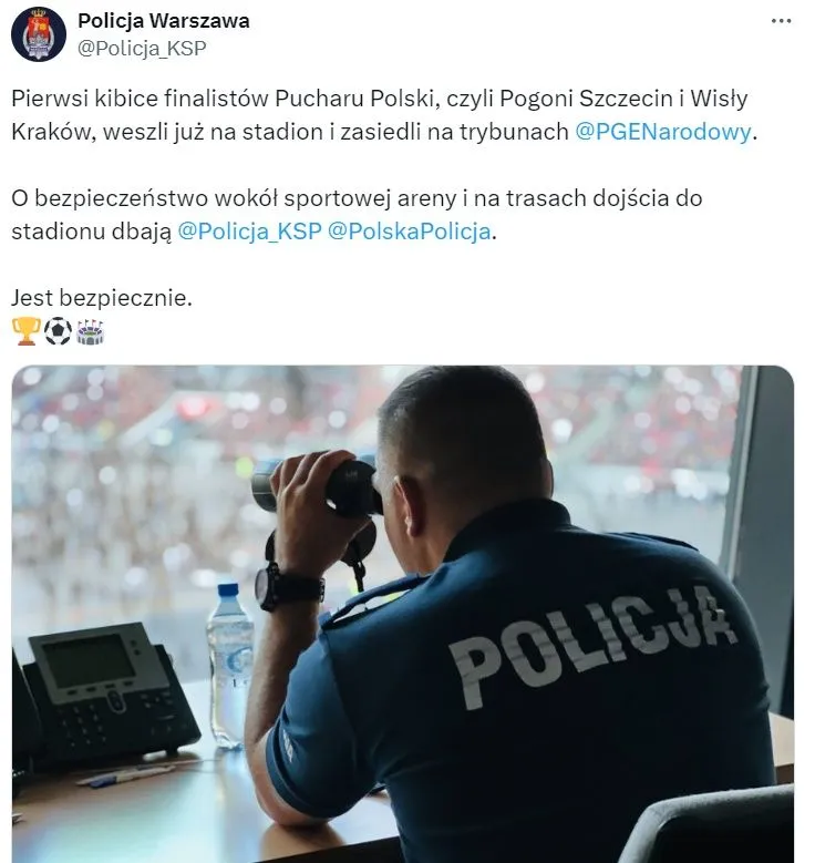 Warszawska policja twierdzi, że jest bezpiecznie przed finałem Pucharu Polski