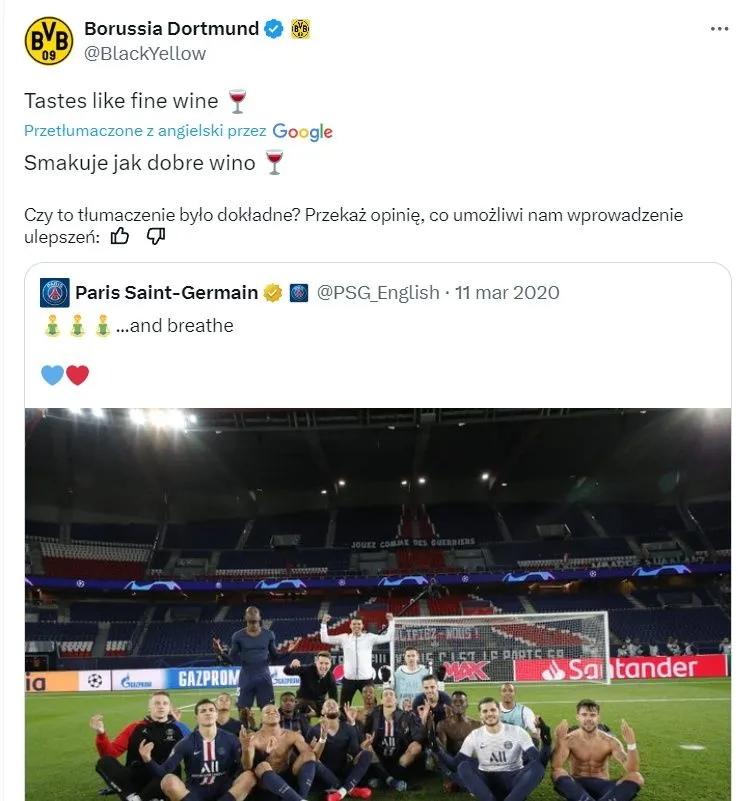 Oficjalne konto BVB zakpiło z tego tweeta PSG z 2020 roku