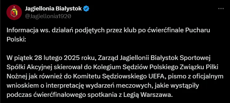 Jagiellonia podejmuje działania ws. ćwierćfinału Pucharu Polski!