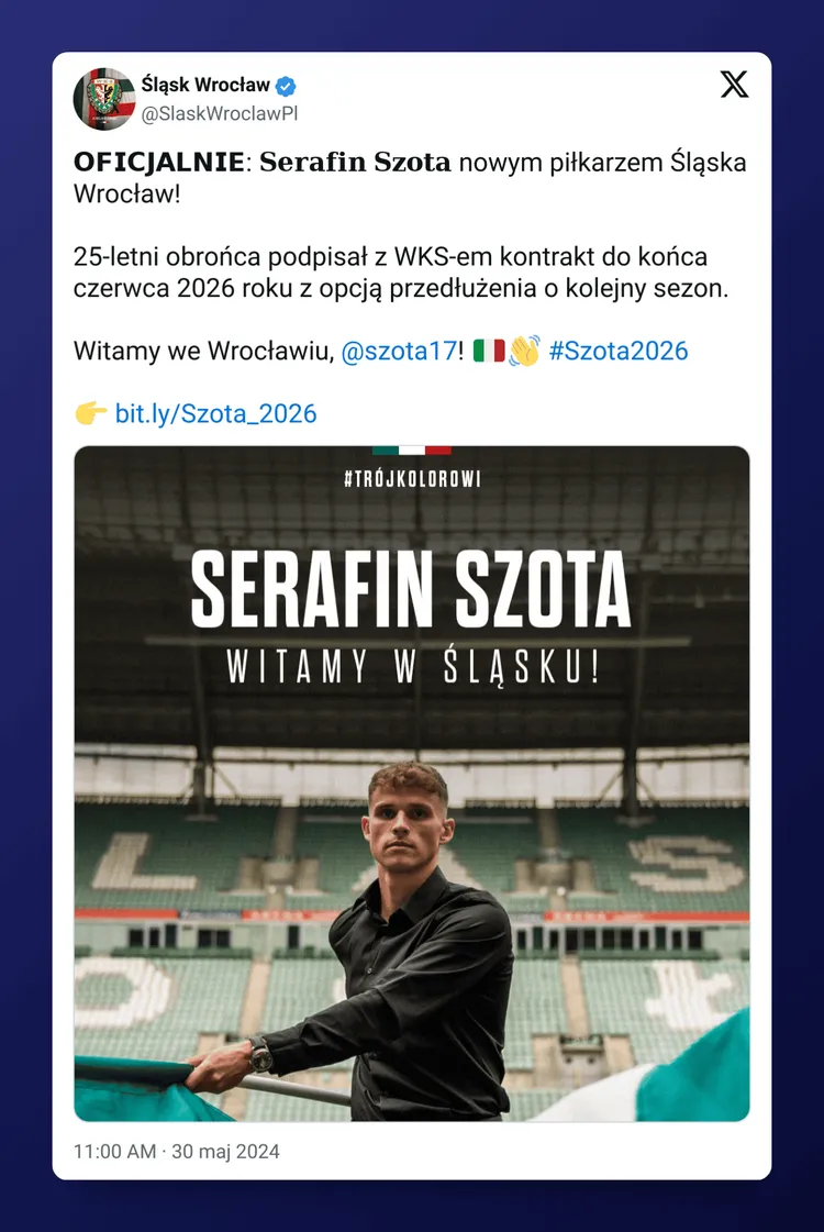 Serafin Szota piłkarzem Śląska Wrocław